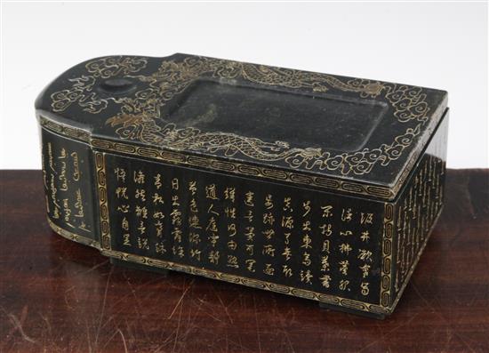 A Chinese green hardstone scholars writing box and accessories, 21cm contained in a hardwood box, 26cm